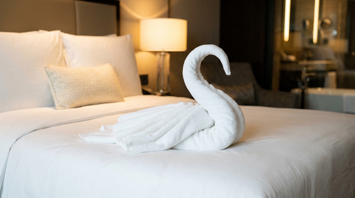Towel-swan welcome detail on hotel bed