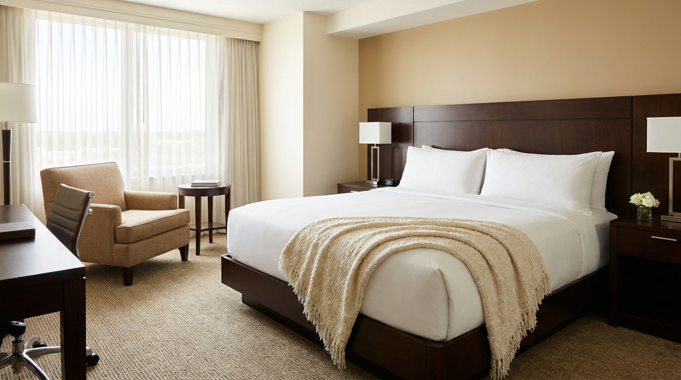 Serviced apartment with king bed and seating area